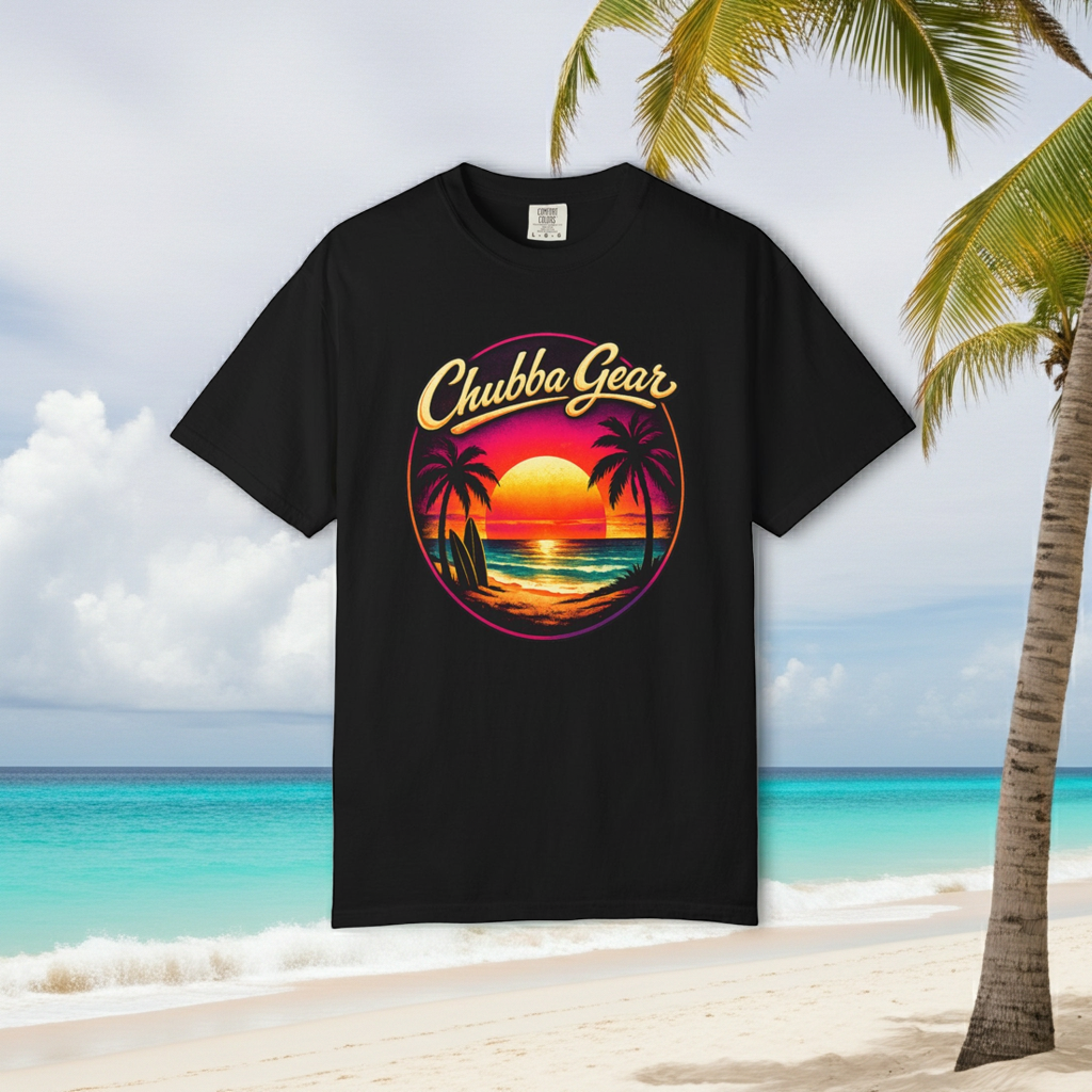 Chubba Gear Retro Sunset Beach T-Shirt | Palm Surf Graphic Tee